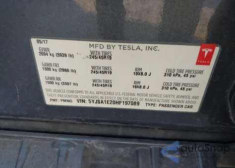 2017 Tesla Model S 100D/60D/75D/90D/P100D из США, поврежденный, VIN 5YJSA1E20HF197089